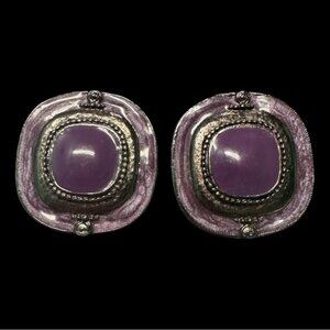 Vintage-Style Purple Enamel & Silver-Tone Clip-On Earrings With Textured Detaili